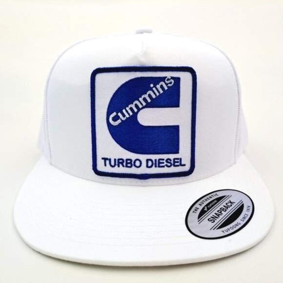 Cummins Turbo Diesel Engines Flat Bill Trucker Mesh Snapback Cap Hat White Patch